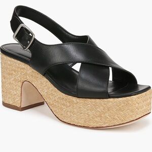Vince Black Leather Crisscross Platform Slingback Sandal with Raffia-Look Sole